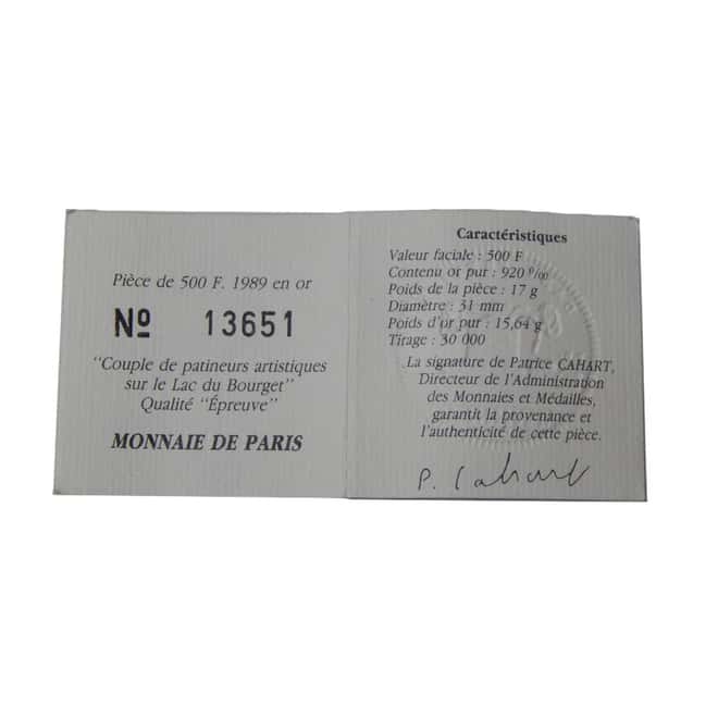 1989 France Proof Gold 500 Francs Winter Olympics (w/Box & COA)