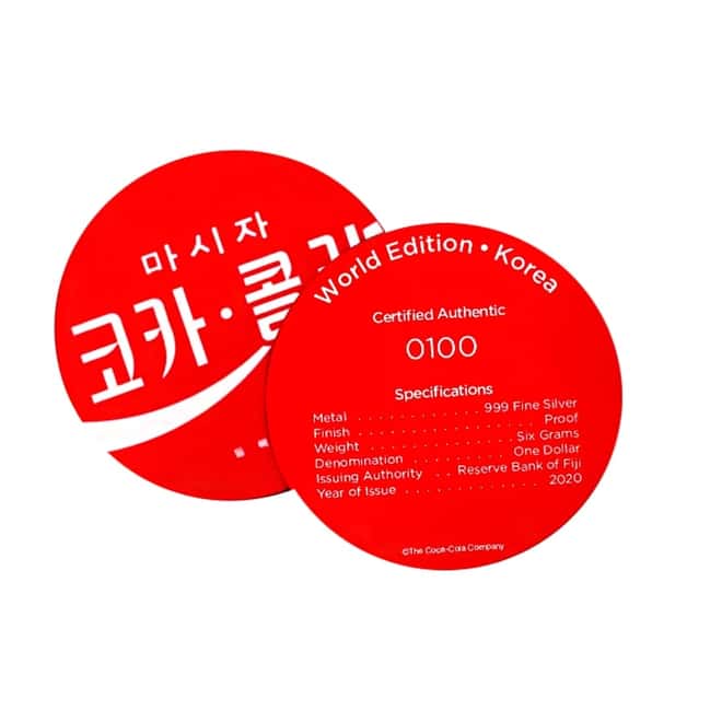 2020 6 gram Fiji Coca-Cola Korea Bottle Cap $1 Proof Silver Coin .999 Fine (w/Box & COA)