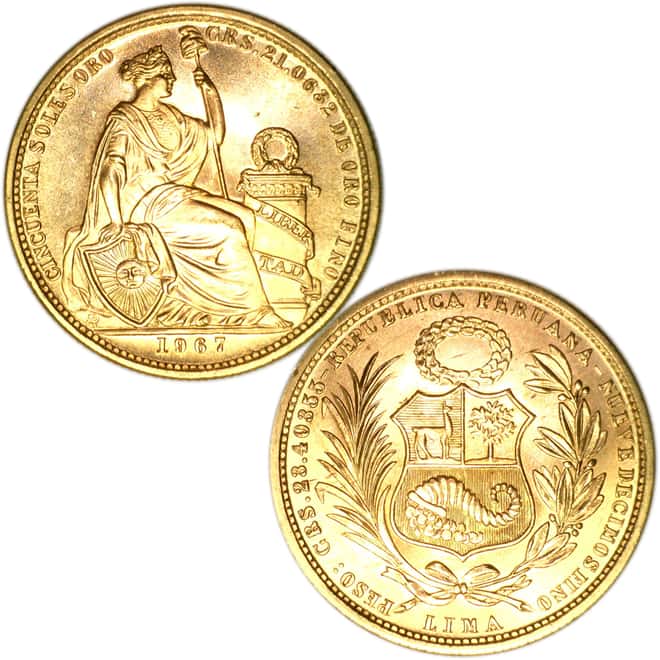 1965 -1967 Peru 2.5 oz .900 Fine Gold 5-coin Soles Set W/Box