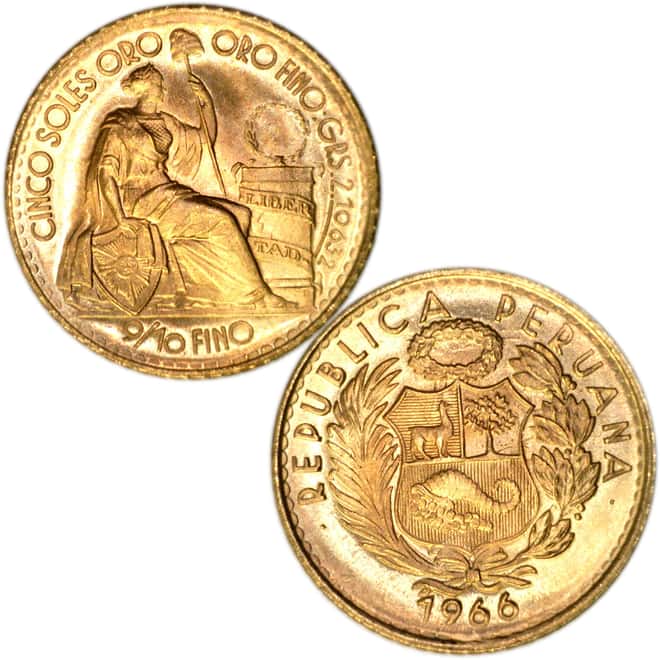 1965 -1967 Peru 2.5 oz .900 Fine Gold 5-coin Soles Set W/Box