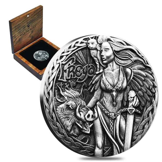 2017 2 oz Tuvalu Norse Goddesses Freya Antiqued High Relief Silver Coin (w/Box&COA)