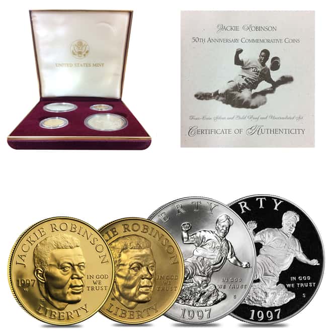 1997 W/S Jackie Robinson Commemorative Gold & Silver Proof/BU 4-coin Set (w/Box & COA)