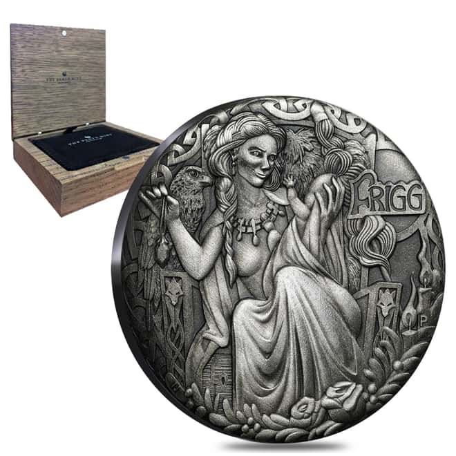 2017 2 oz Tuvalu Norse Goddesses Frigg Antiqued High Relief Silver Coin (w/Box&COA)