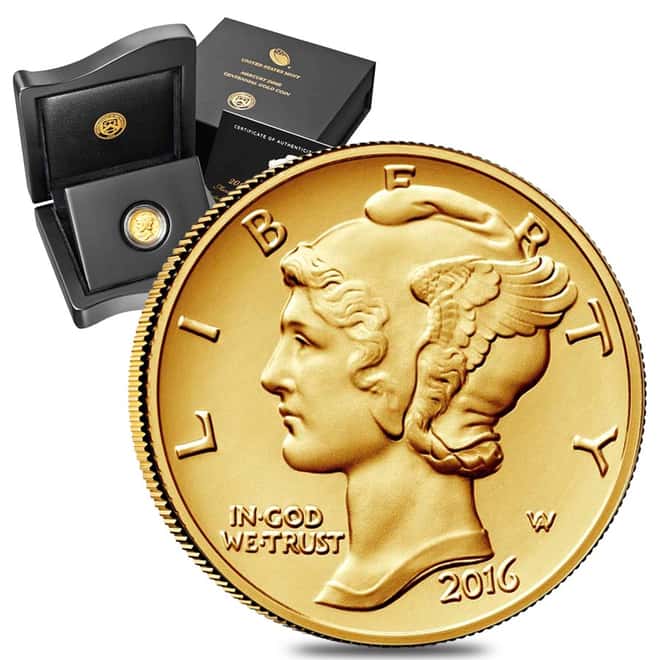 2016 1/10 oz Mercury Dime Centennial Gold Coin 1916-2016 100th Anniversary (W/Box & COA)