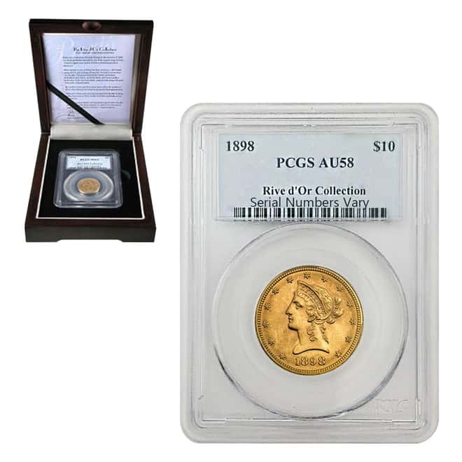 1898 $10 Liberty Head Gold Eagle Coin PCGS AU 58 - Rive d'Or Collection (w/Box)