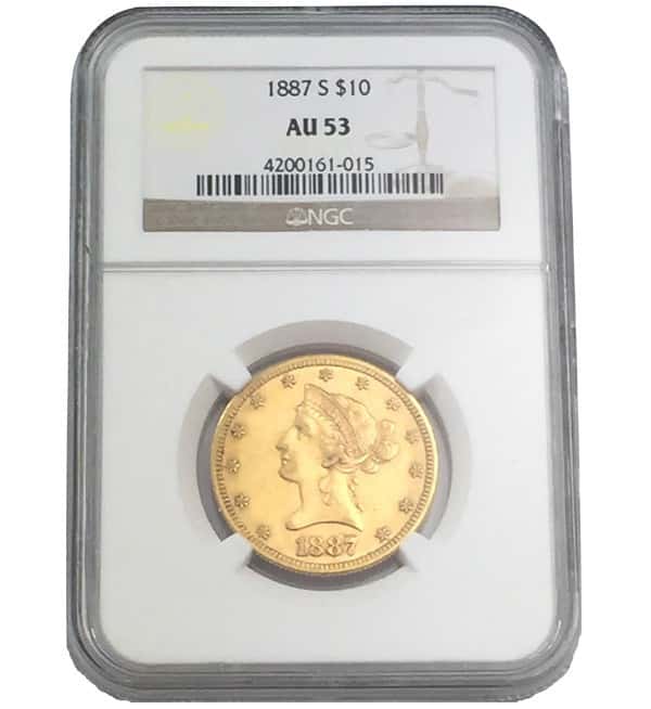 1887 S $10 Liberty Head Gold Eagle Coin NGC AU 53