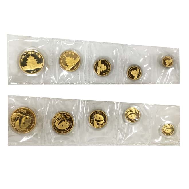1987 P 1.9 oz Chinese Gold Panda 5-Coin Proof Set (Sealed, w/Box & COA)