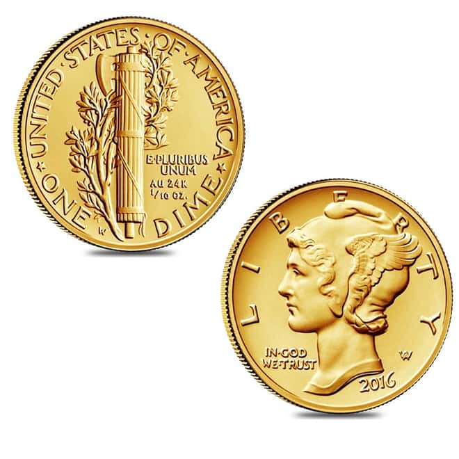 2016 1/10 oz Mercury Dime Centennial Gold Coin PCGS SP 69 FS (W/Box & COA)