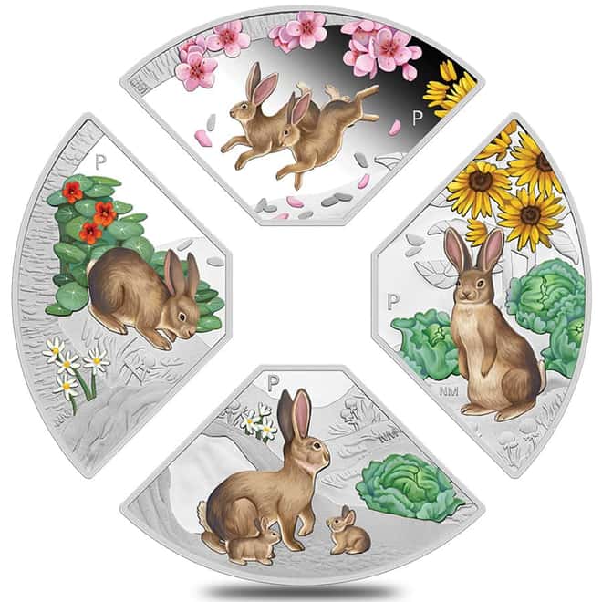 2023 4 oz Silver Lunar Year of The Rabbit Quadrant 4-Coin Set Australian Perth Mint (w/Box & COA)