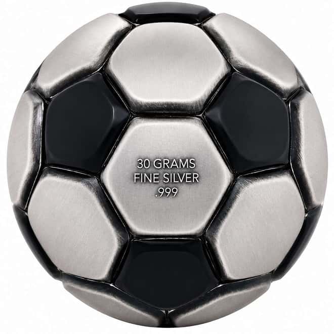 2022 Chad 30 Gram Silver Soccer Ball Spherical Antiqued Coin .999 Fine (w/Box)