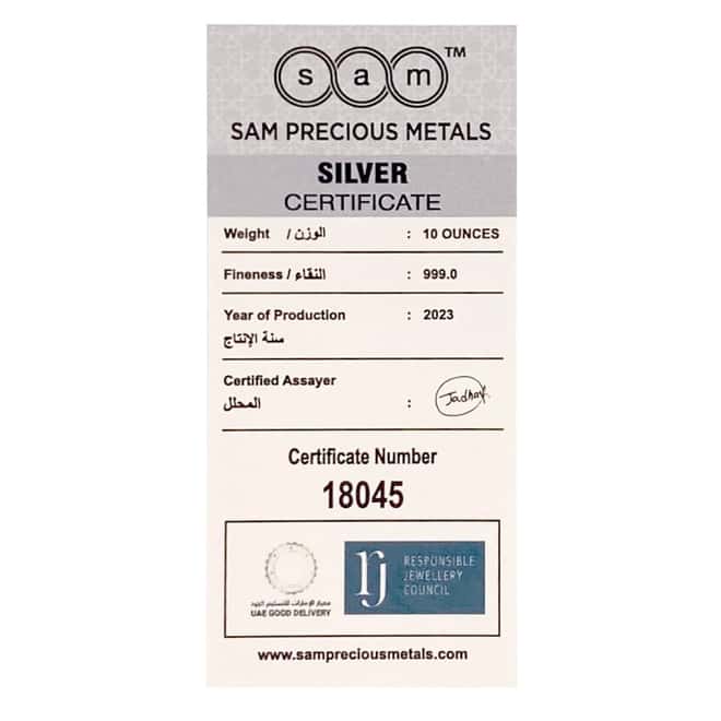 10 oz SAM Precious Metals Silver Cast Bar .999 Fine