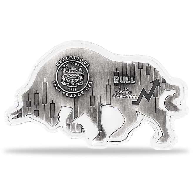 2021 Chad 1 oz Silver Bull Shaped Antiqued High Relief Coin (w/Box)