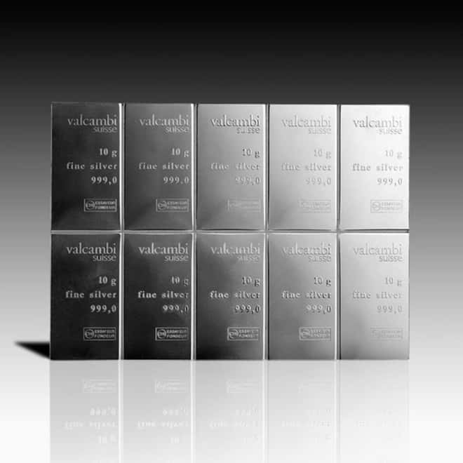 Broken Assay - 10 x 10 gram Silver Valcambi CombiBar .999 Fine