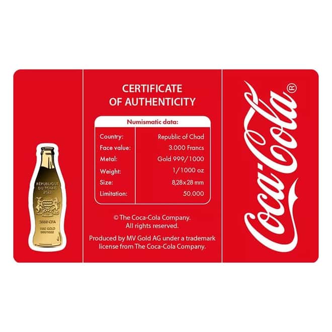 2023 1/1000 oz Chad Coca-Cola Bottle Shaped Gold Coin (in Assay)