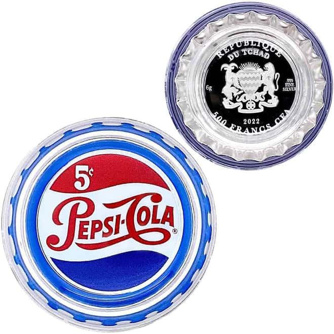2022 Chad 6 Gram Pepsi-Cola Retro Bottle Cap Proof Silver Coin .999 Fine (w/Box & COA)