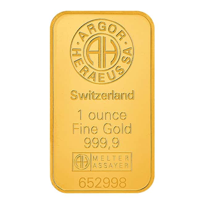 1 oz Gold Bar - Argor-Heraeus .9999 Fine (in Assay)