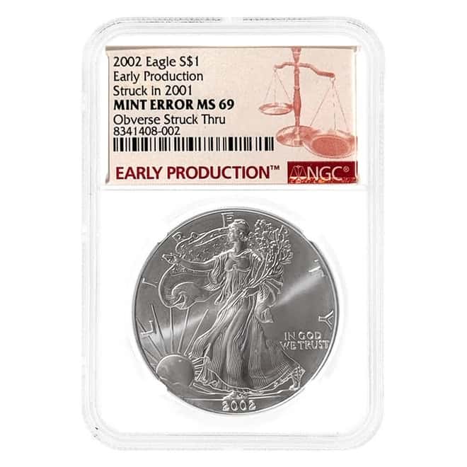 2002 1 oz Silver American Eagle Mint Error NGC MS 69 Early Production