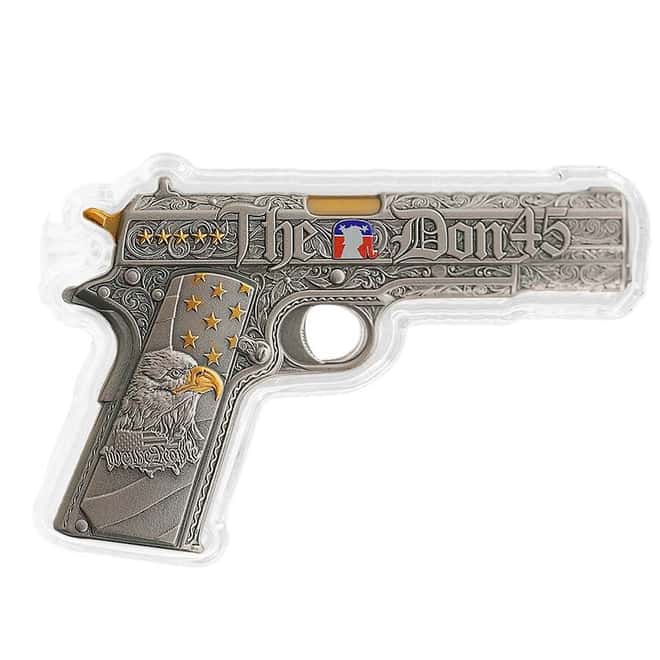 1 oz Silver Gun Shaped .45 Caliber Pistol Antiqued .999 Fine (w/Box)