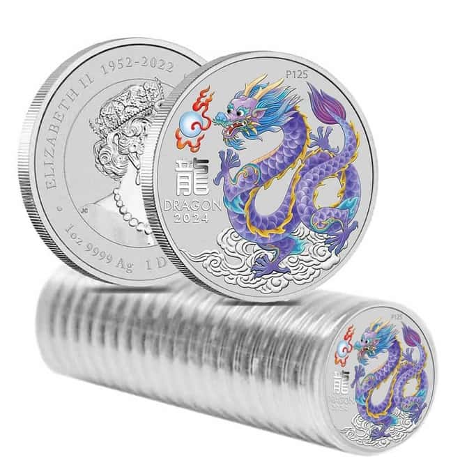 2024 1 oz Colorized Lunar Lilac Dragon Silver Coin BU Perth Mint