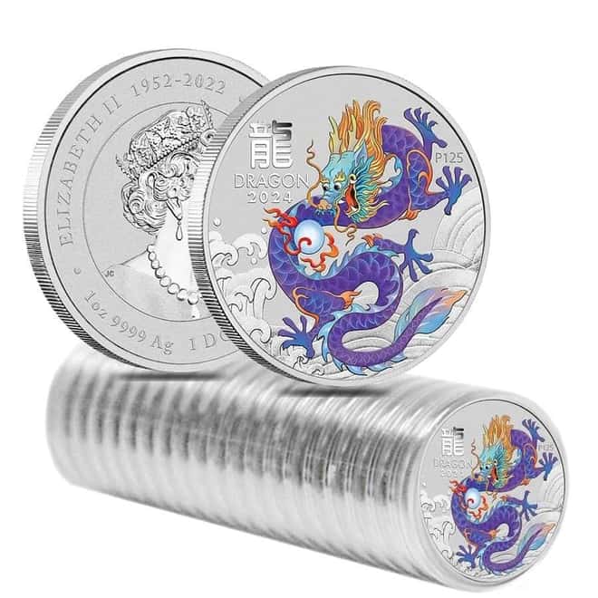 Roll of 20 - 2024 1 oz Colorized Lunar Purple Dragon Silver Coin BU Perth Mint