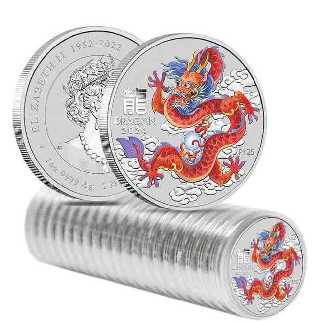 Roll of 20 - 2024 1 oz Colorized Lunar Red Dragon Silver Coin BU Perth Mint