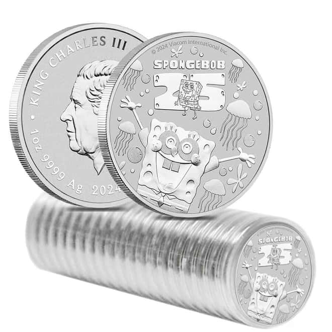 Box of 100 - 2024 1 oz Tuvalu SpongeBob SquarePants™ 25th Ann. Silver Coin BU