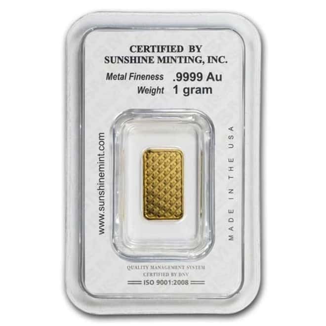 Sunshine Mint 1 Gram Gold Bar .9999 Fine (in Assay)