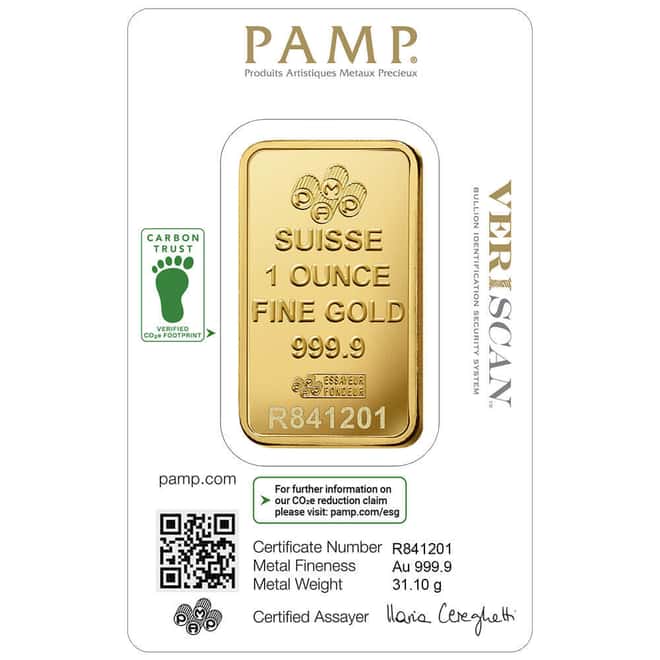 Box of 25 - 1 oz Gold Bar PAMP Suisse Lady Fortuna Veriscan Carbon Neutral (in Assay)
