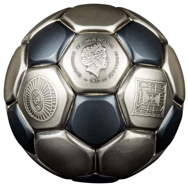 2022 3 oz Silver FIFA World Cup Qatar - Soccer Ball Spherical Coin Solomon Islands .999 Fine (w/Box & COA)