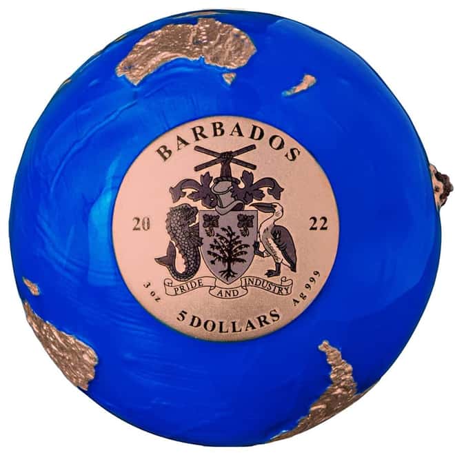 2022 3 oz Silver Rose Gold Plating Blue Marble Endangered - Meteorite Spherical Coin Barbados .999 Fine (w/Box & COA)