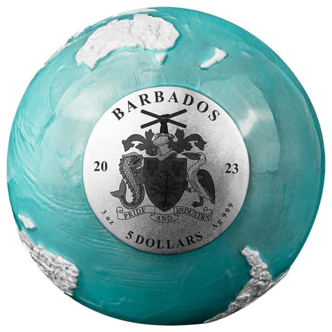 2023 3 oz Silver Blue Marble Frozen Planet Earth Spherical Coin Barbados .999 Fine (w/Box & COA)