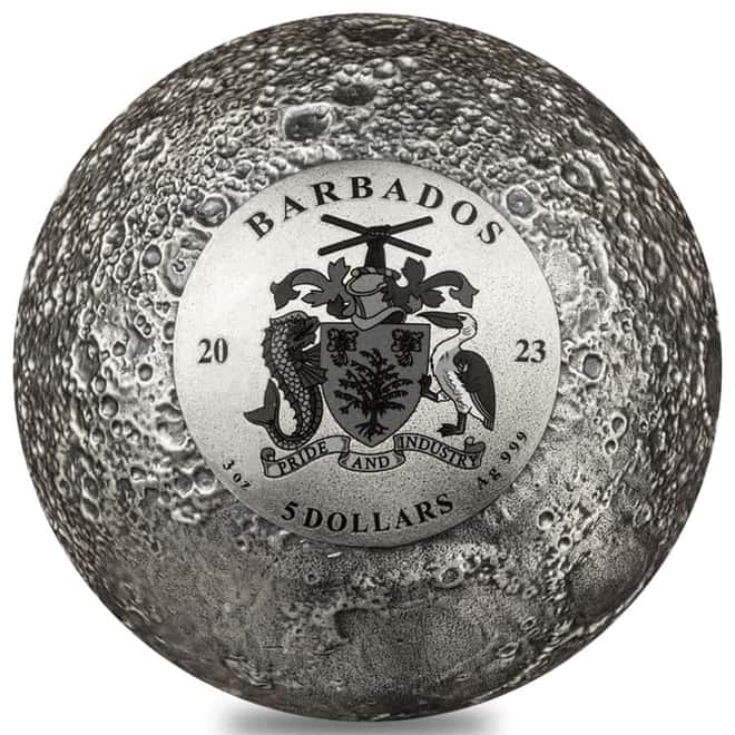 2023 3 oz Silver Moon Spherical Coin Barbados .999 Fine (w/Box & COA)