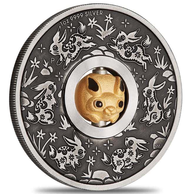 2023 Tuvalu 1 oz Antiqued Silver Lunar Year of The Rabbit Rotating Charm (w/Box & COA)