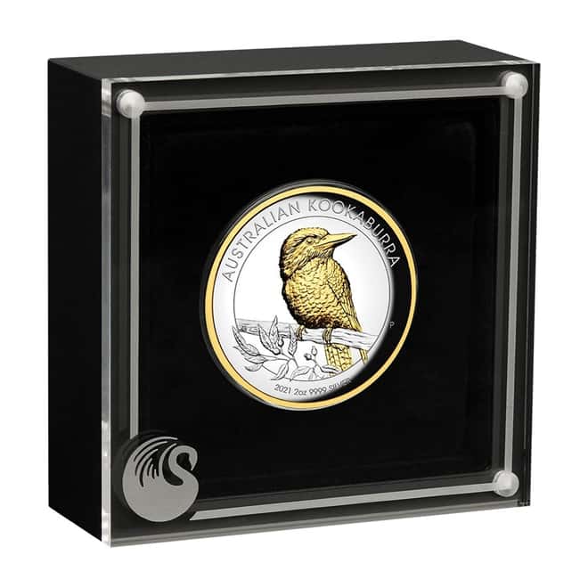 2021 2 oz Proof Silver Australian Kookaburra High Relief Gilded Coin Perth Mint .9999 Fine (w/Box & COA)