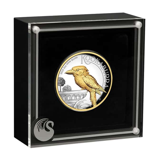 2022 2 oz Proof Silver Australian Kookaburra High Relief Gilded Coin Perth Mint .9999 Fine (w/Box & COA)