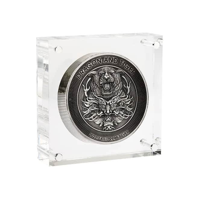2022 2 Kilo Silver Dragon and Tiger Antiqued High Relief Coin Australian Perth Mint (w/Box & COA)