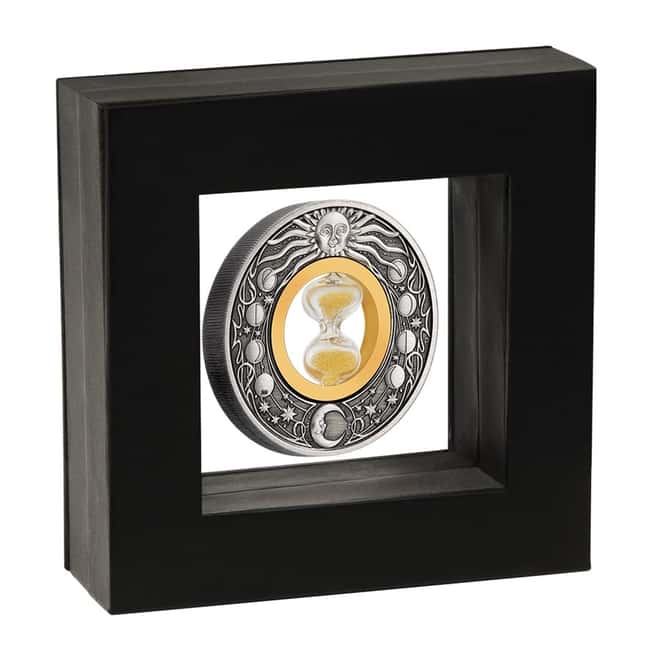 2021 Tuvalu 2 oz Antiqued Silver Hourglass Coin .9999 Fine (w/Box & COA)