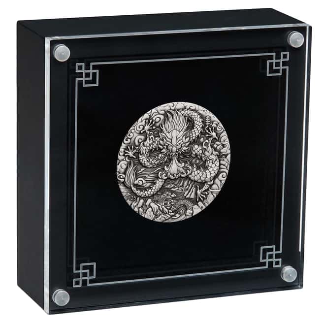 2024 2 oz Antiqued Silver Lunar Dragon Australian Perth Mint