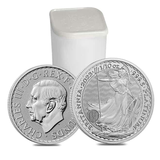 Tube of 25 - 2023 Great Britain 1/10 oz Platinum Britannia King Charles III Coin .9995 Fine BU