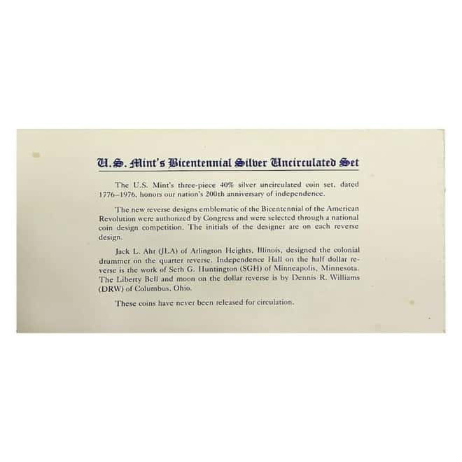 1976-S Bicentennial Silver Unc. 3-Coin Set (Red Envelope, w/COA)