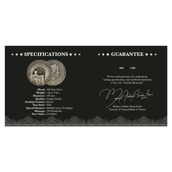 2022 1 kilo Silver Lincoln Memorial Multilayered High Relief Coin Samoa .999 Fine (w/Box & COA)