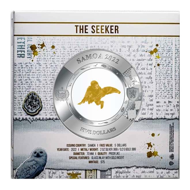 2022 Samoa 2 oz Silver Harry Potter - The Seeker Coin with Gold Insert (w/Box & COA)