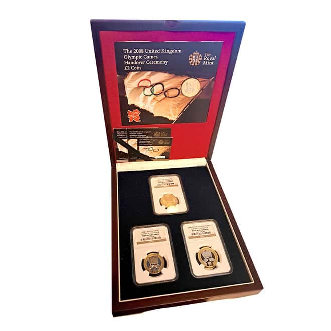 2008 GB UK Olympics Handover Gold/Silver 3-Coin Set NGC PF 69