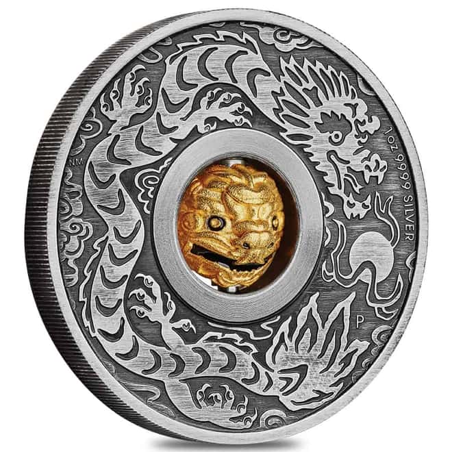 2024 Tuvalu 1 oz Antiqued Silver Lunar Dragon Rotating Charm Coin