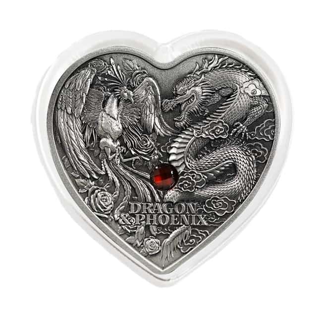 2024 Chad 1 oz Silver Dragon and Phoenix Heart-Shaped Coin .999 Fine