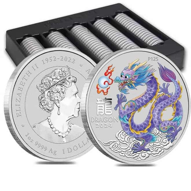 2024 1 oz Colorized Lunar Lilac Dragon Silver Coin BU Perth Mint