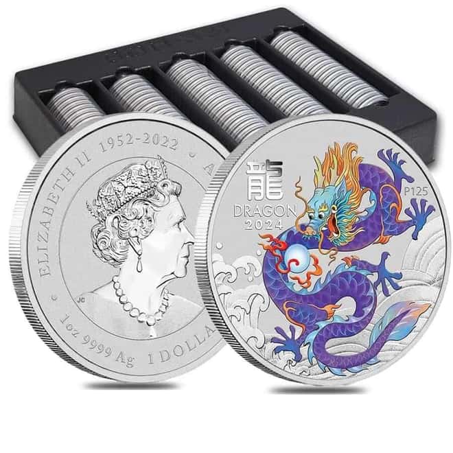 Roll of 20 - 2024 1 oz Colorized Lunar Purple Dragon Silver Coin BU Perth Mint