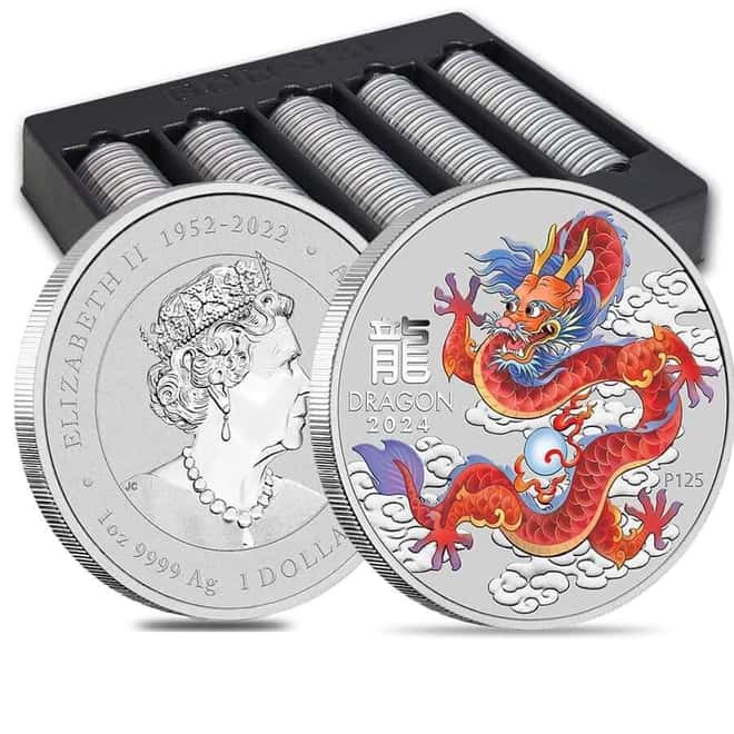 Box of 100 - 2024 1 oz Colorized Lunar Red Dragon Silver Coin BU Perth Mint