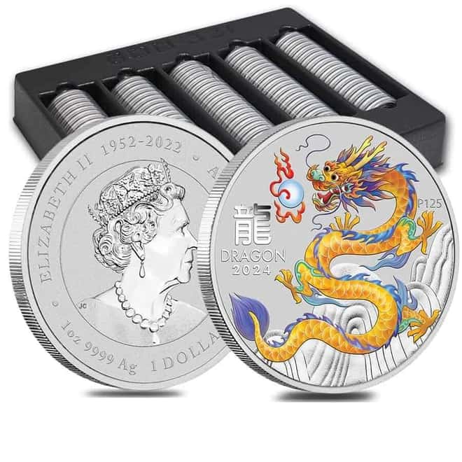 Box of 100 - 2024 1 oz Colorized Lunar Yellow Dragon Silver Coin BU Perth Mint