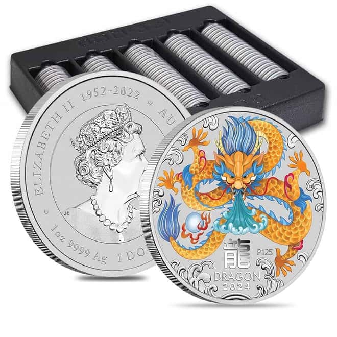Roll of 20 - 2024 1 oz Colorized Silver Lunar Dragon BU Perth Mint
